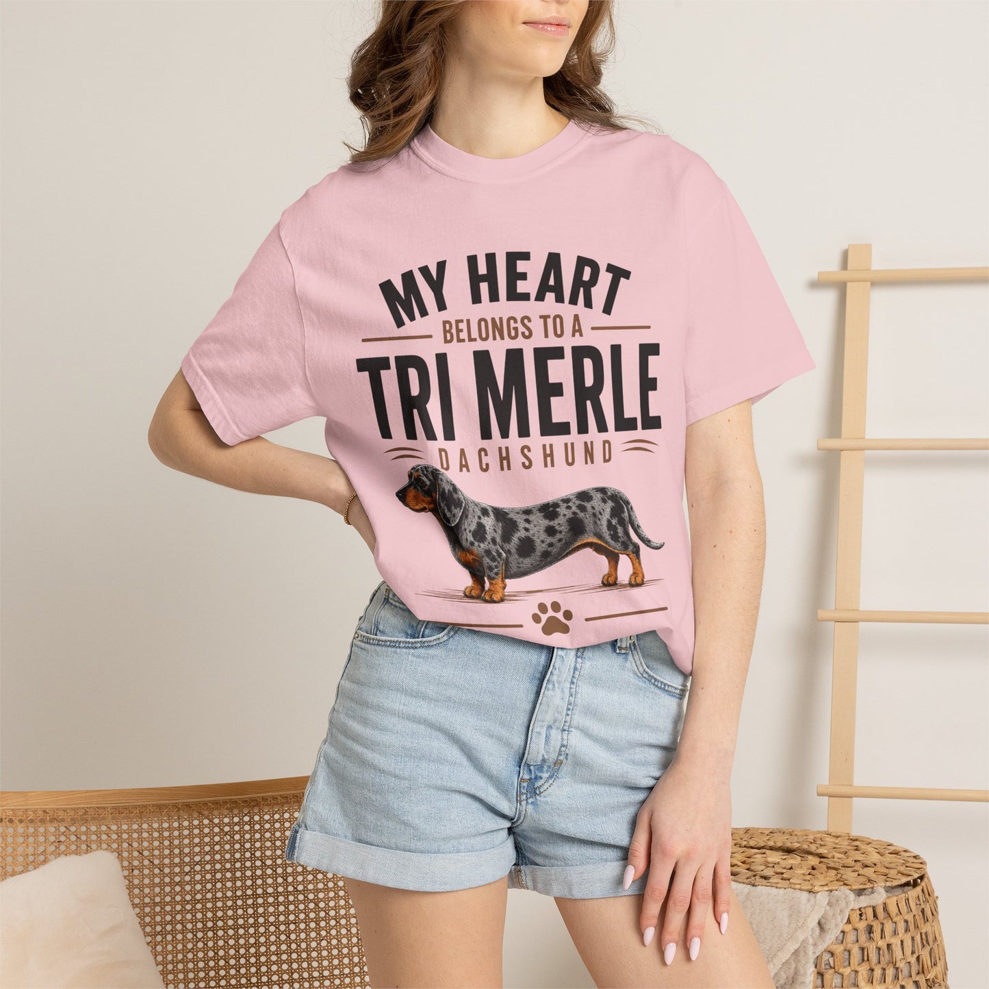 Tri Merle Dachshund T-Shirt — "My Heart Belongs to a Tri Merle" Dog Lover Tee