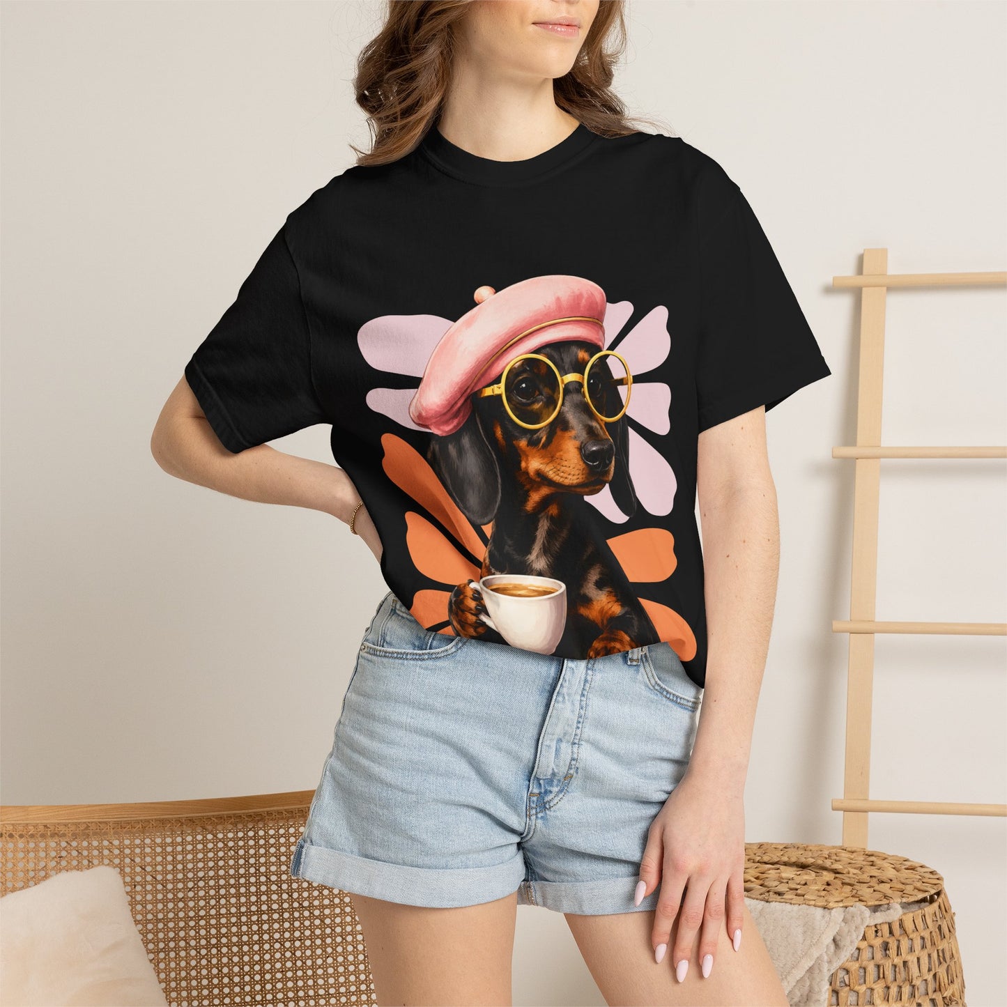 Retro Gravhund Kaffetee – Sød Hunde Grafik T-shirt