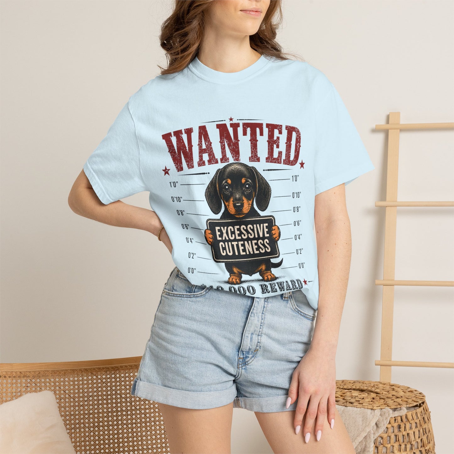 Wanted: 'Excessive Cuteness' Dachshund T-Shirt — Funny Mugshot Dog Tee, 10,000 Reward
