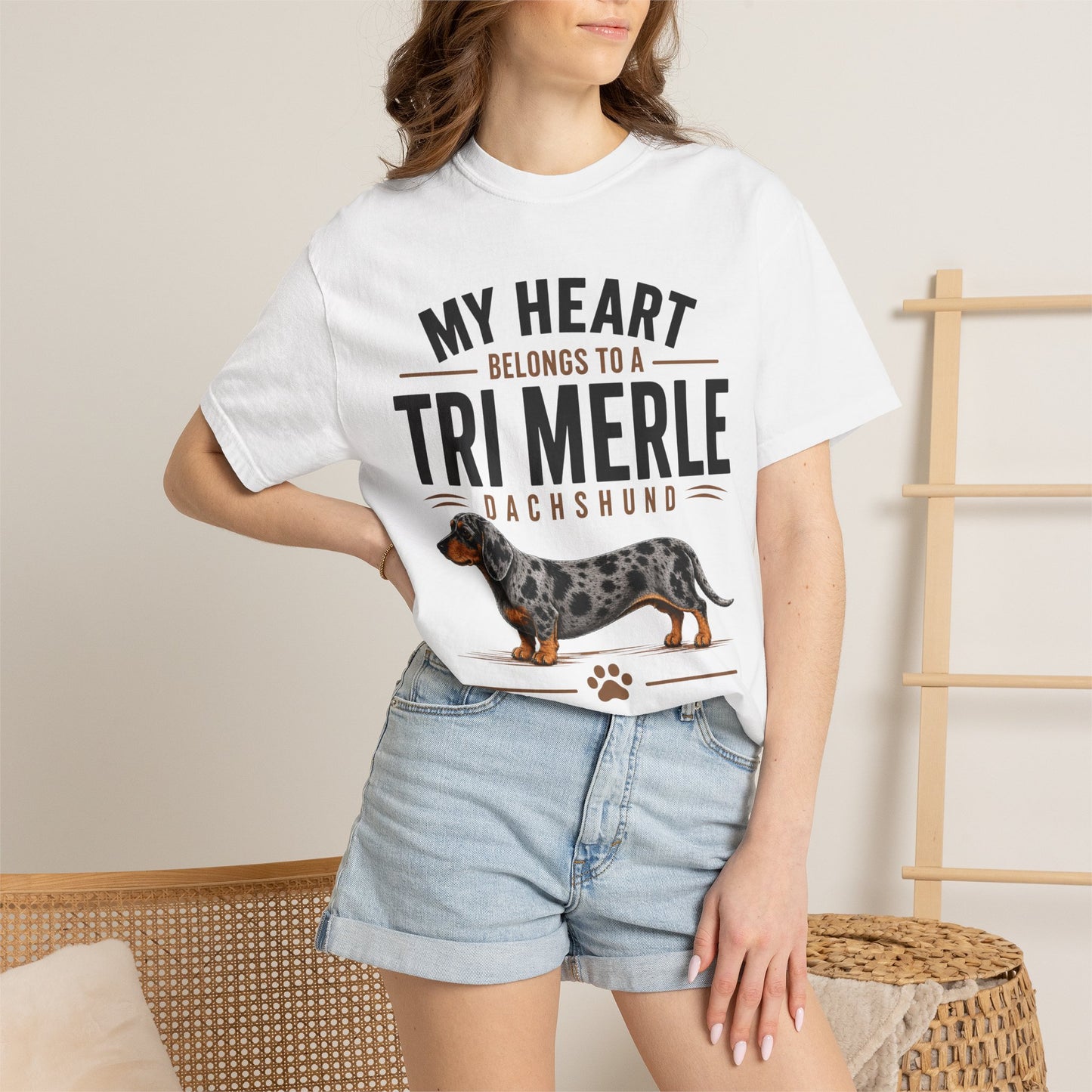 Tri Merle Dachshund T-Shirt — "My Heart Belongs to a Tri Merle" Dog Lover Tee