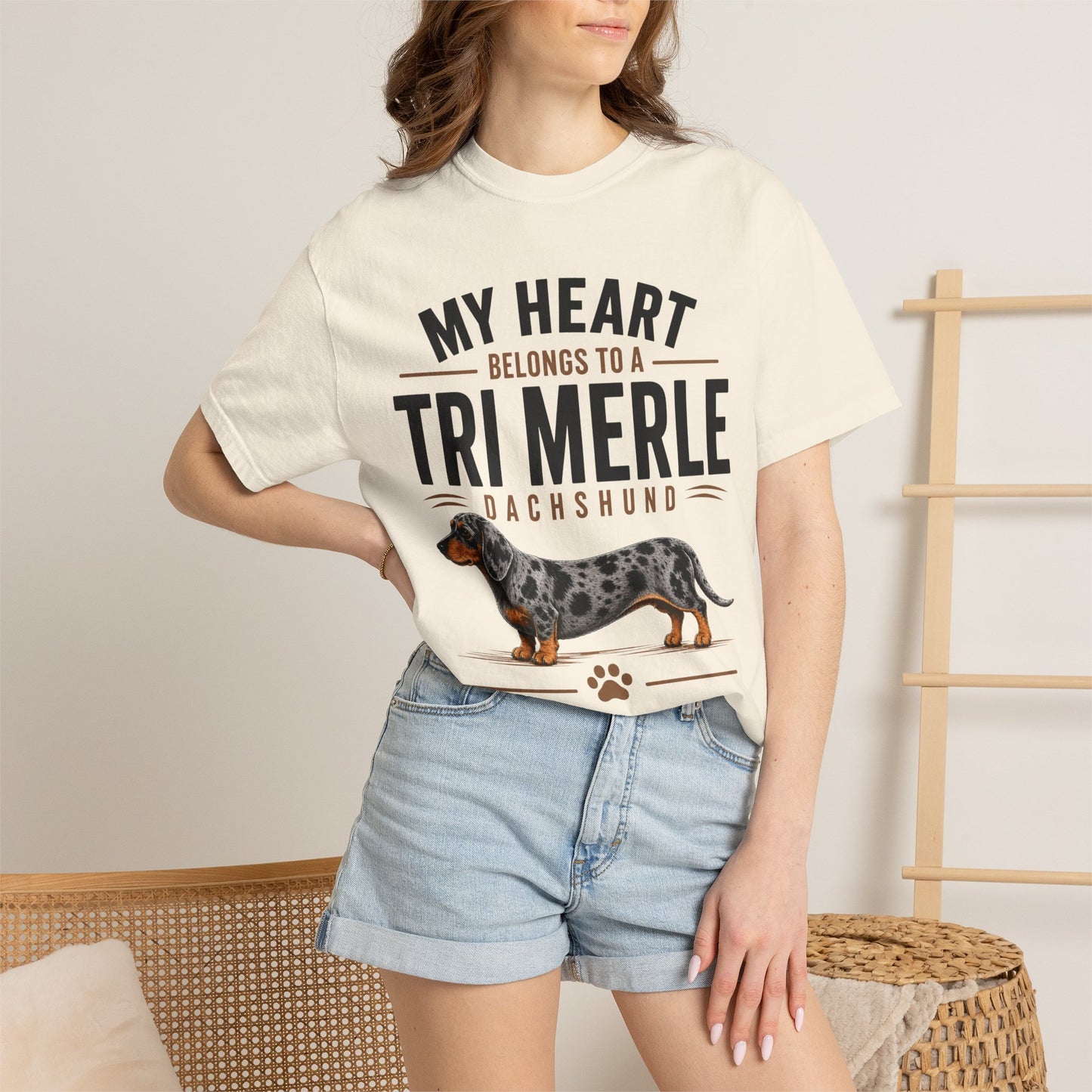 Tri Merle Dachshund T-Shirt — "My Heart Belongs to a Tri Merle" Dog Lover Tee