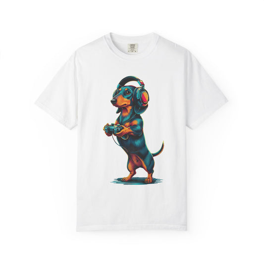 Dachshund Gamer T-Shirt — Cute Wiener Dog with Headphones & Game Controller
