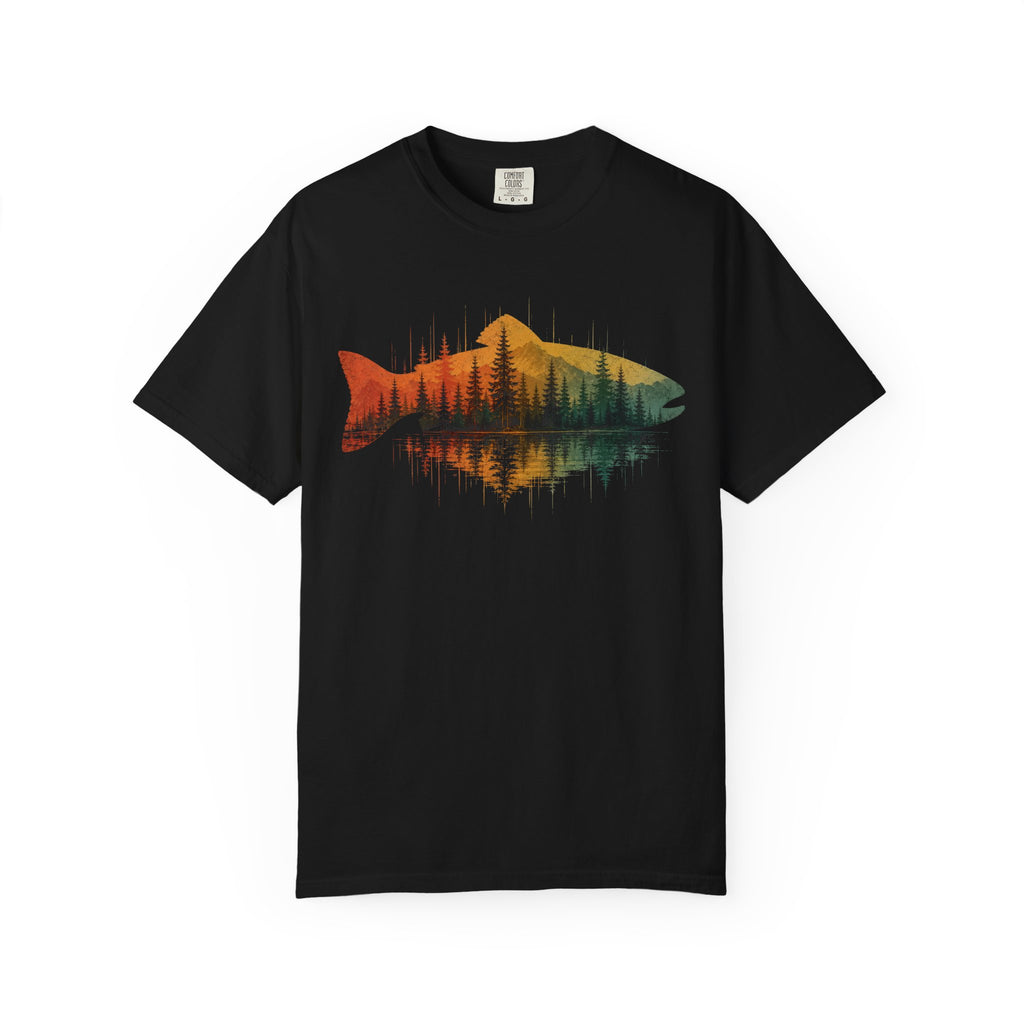 Vintage Fish Silhouette Mountain Forest Landscape T-Shirt