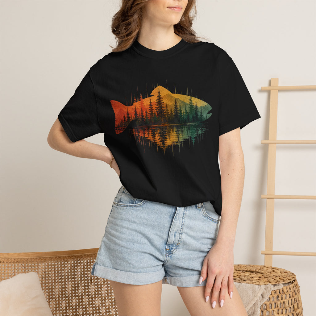 Vintage Fish Silhouette Mountain Forest Landscape T-Shirt