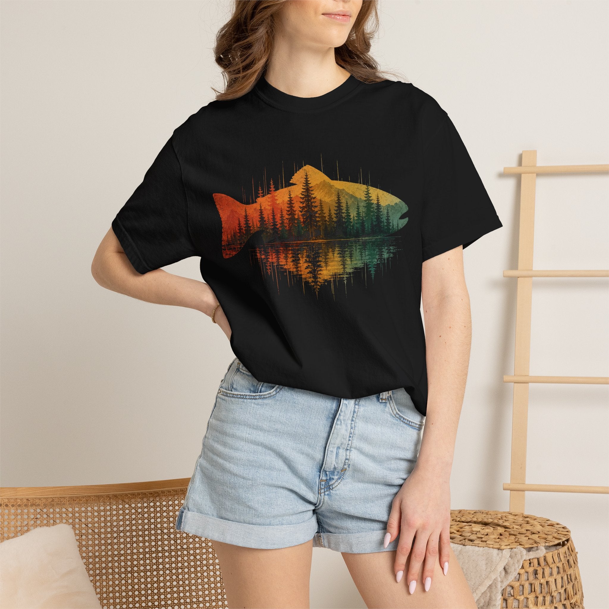 Vintage Fish Silhouette Mountain Forest Landscape T-Shirt