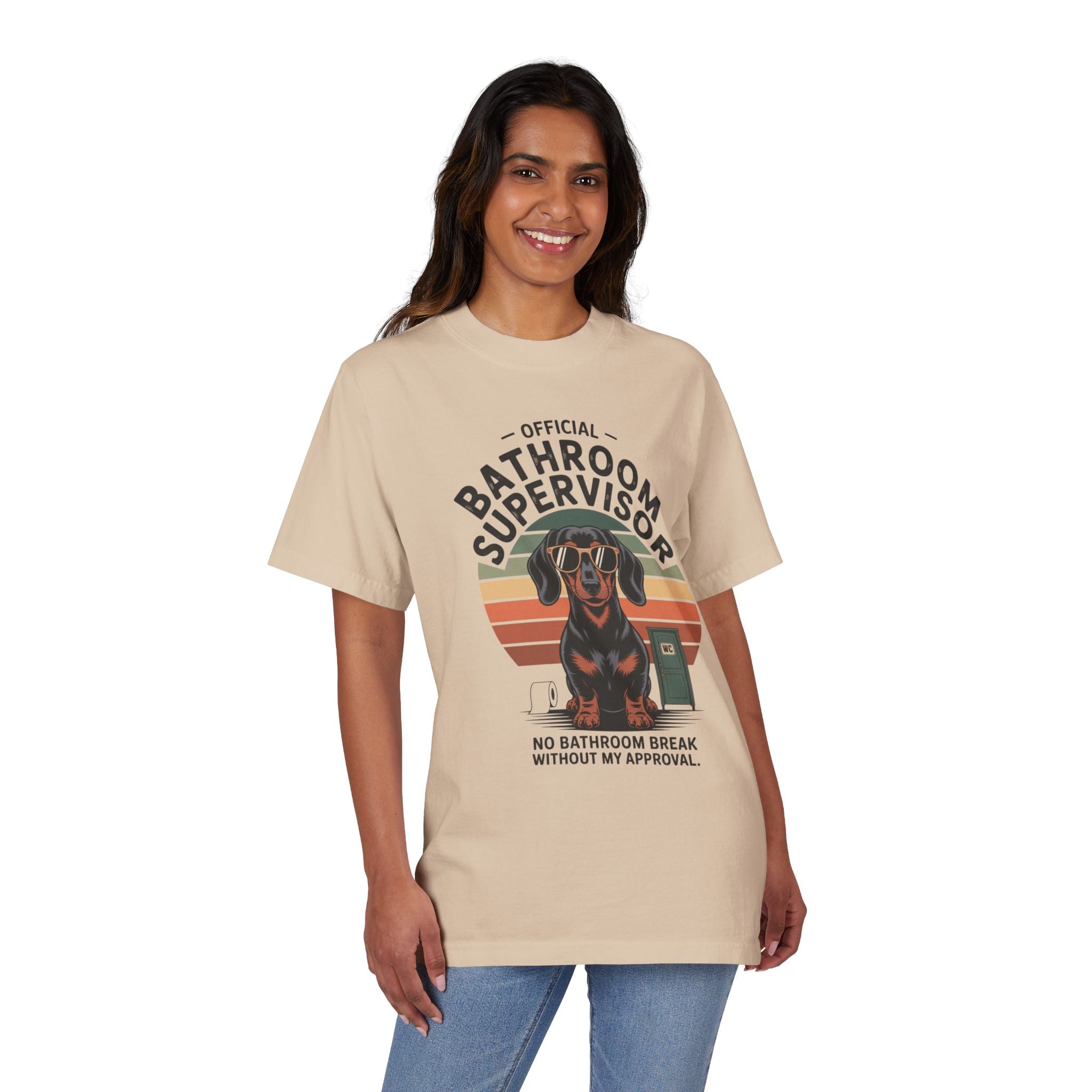 Bathroom Supervisor T-Shirt — Funny Dachshund Design ("Official Bathroom Supervisor: No Bathroom Break Without My Approval")