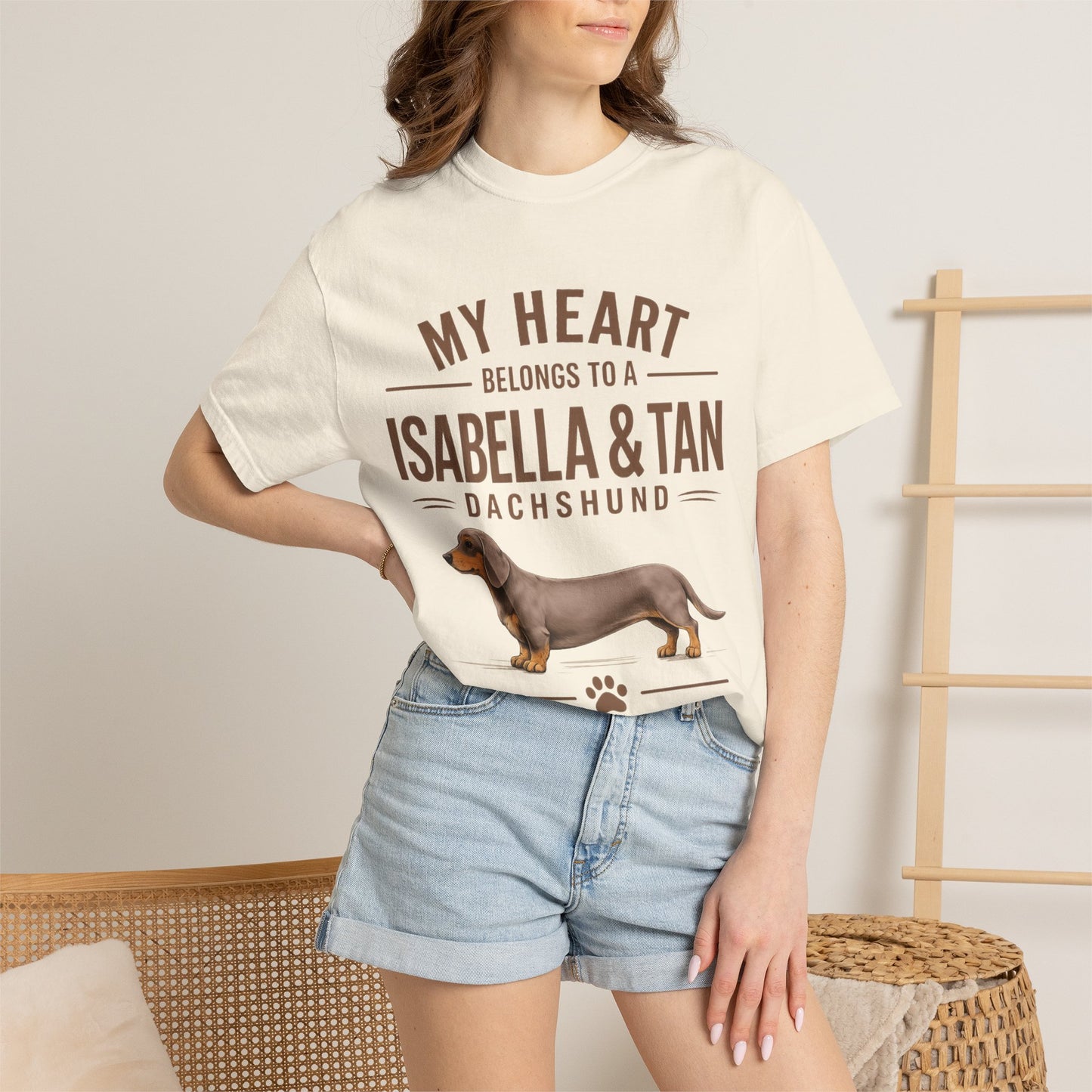 Isabella & Tan Dachshund  T‑Shirt — “My Heart Belongs to a Isabella & Tan” Dog Lover Tee