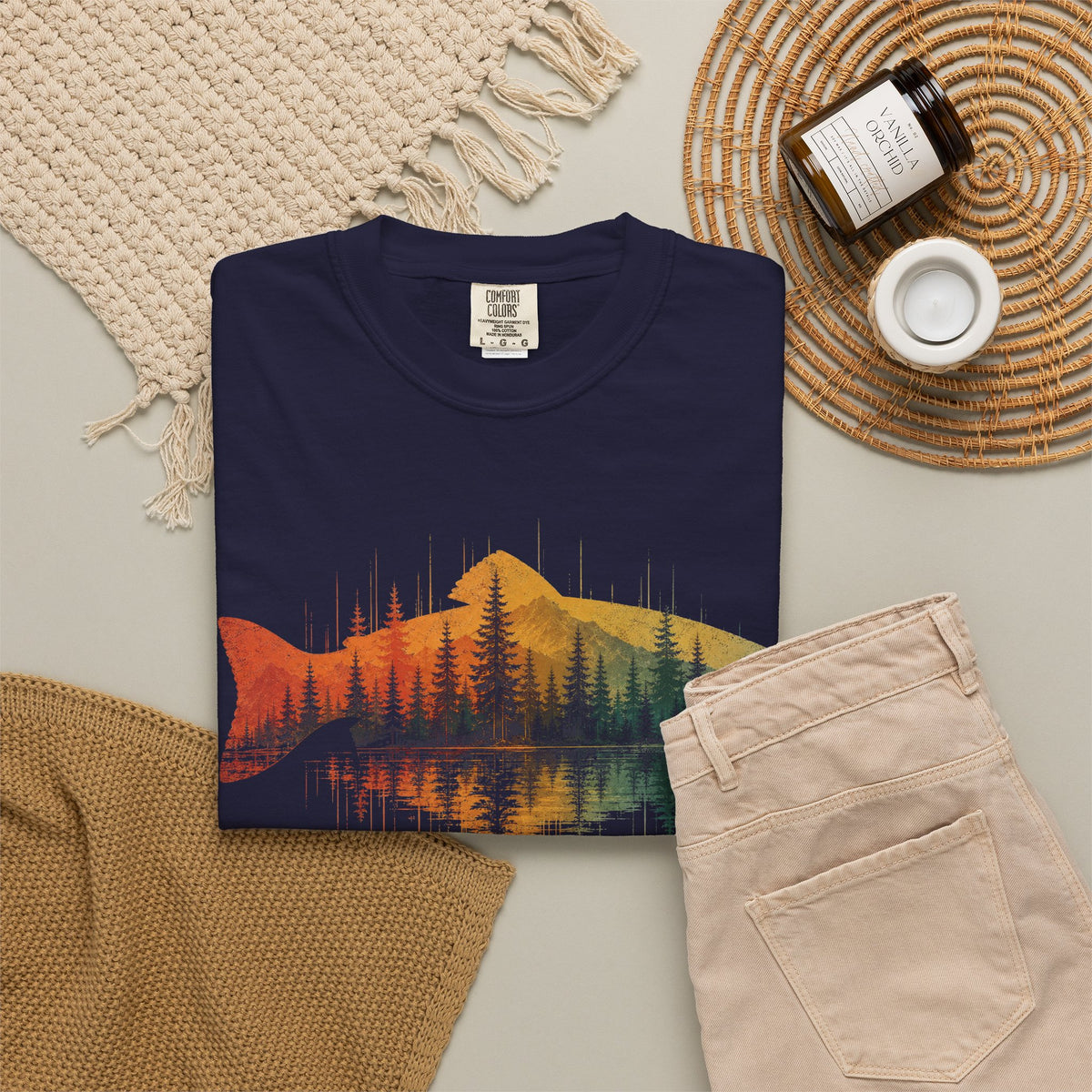 Vintage Fish Silhouette Mountain Forest Landscape T-Shirt