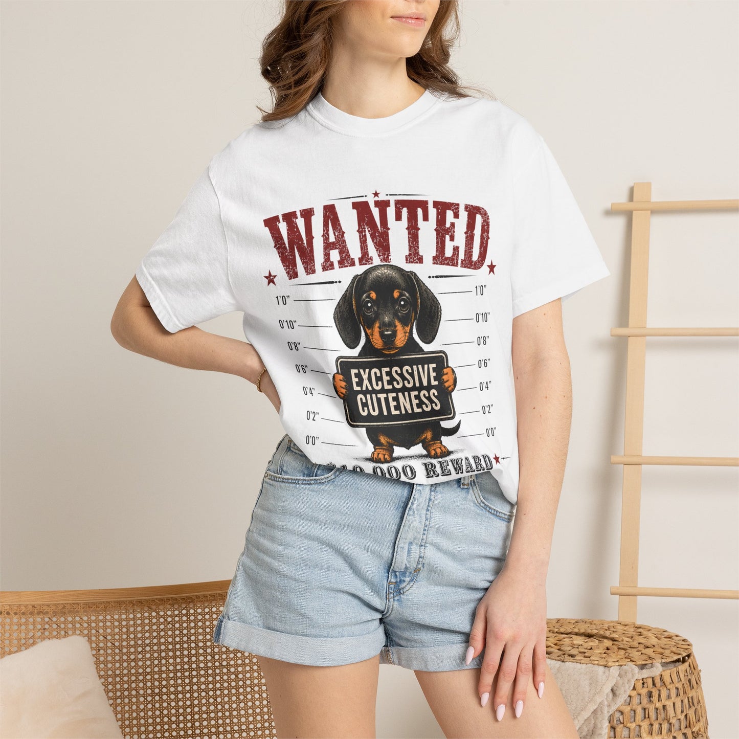 Wanted: 'Excessive Cuteness' Dachshund T-Shirt — Funny Mugshot Dog Tee, 10,000 Reward