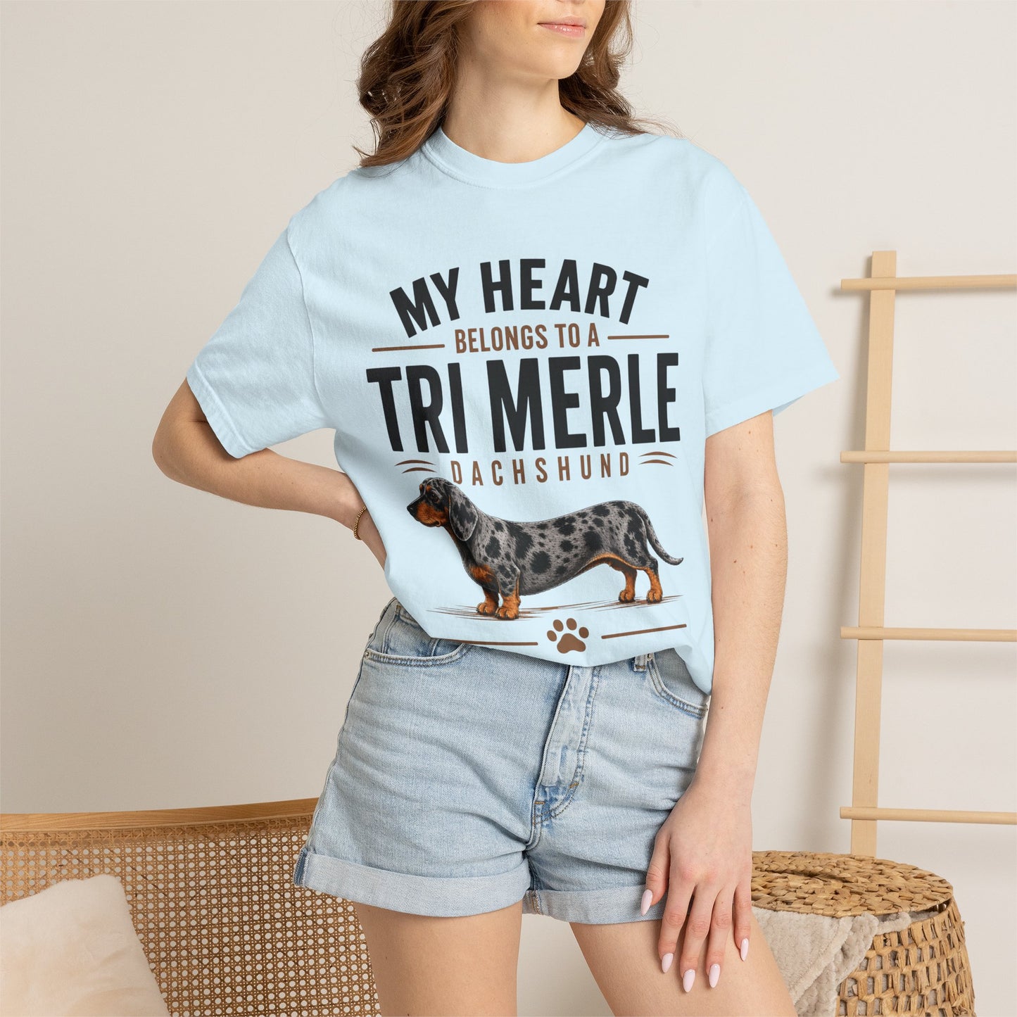 Tri Merle Dachshund T-Shirt — "My Heart Belongs to a Tri Merle" Dog Lover Tee