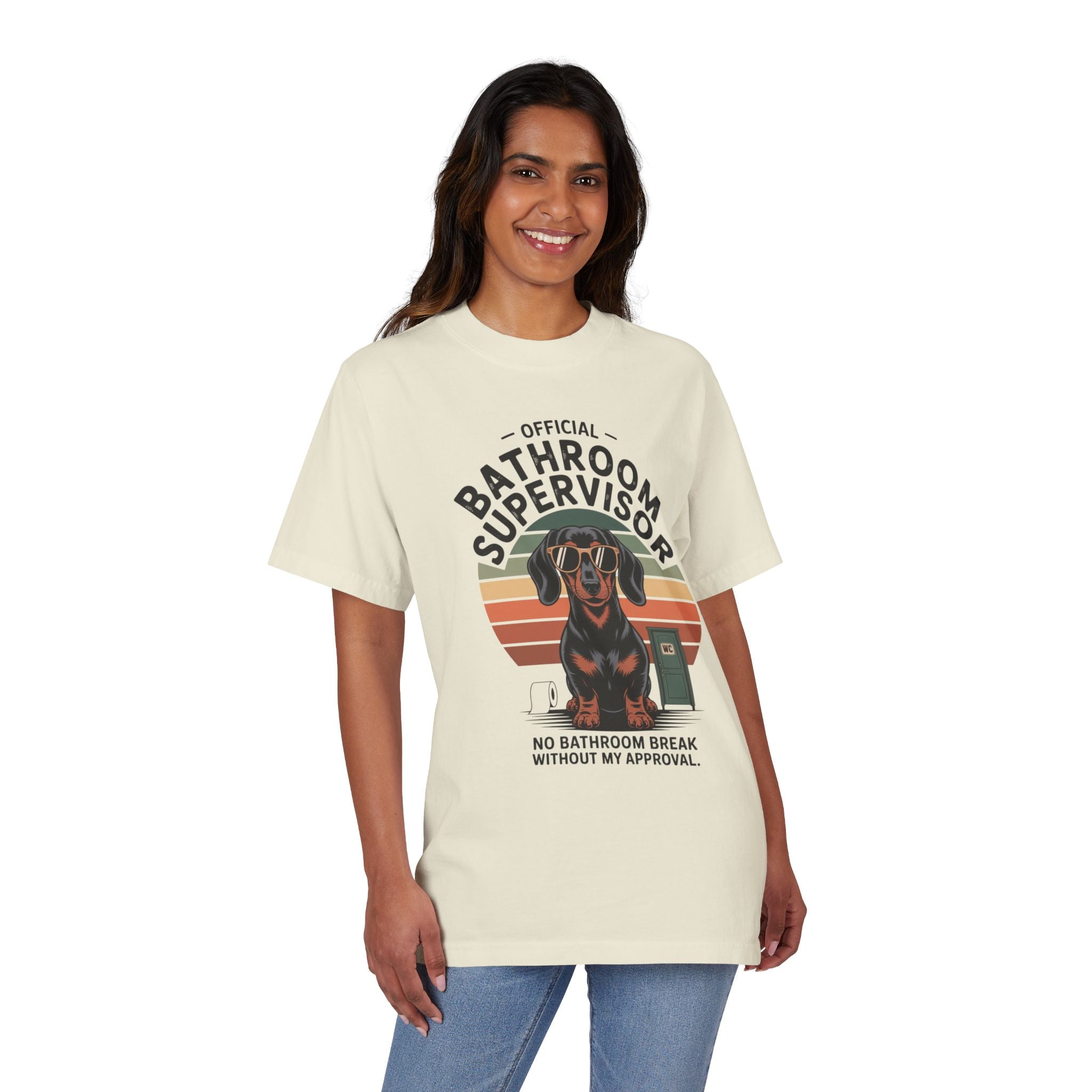 Bathroom Supervisor T-Shirt — Funny Dachshund Design ("Official Bathroom Supervisor: No Bathroom Break Without My Approval")
