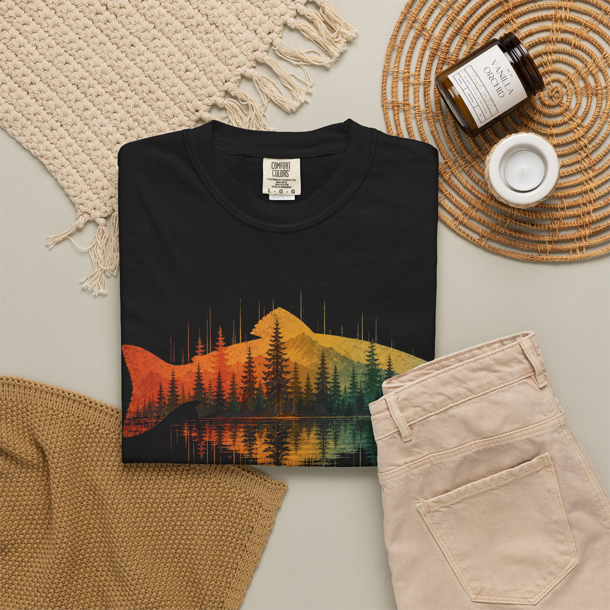 Vintage Fish Silhouette Mountain Forest Landscape T-Shirt