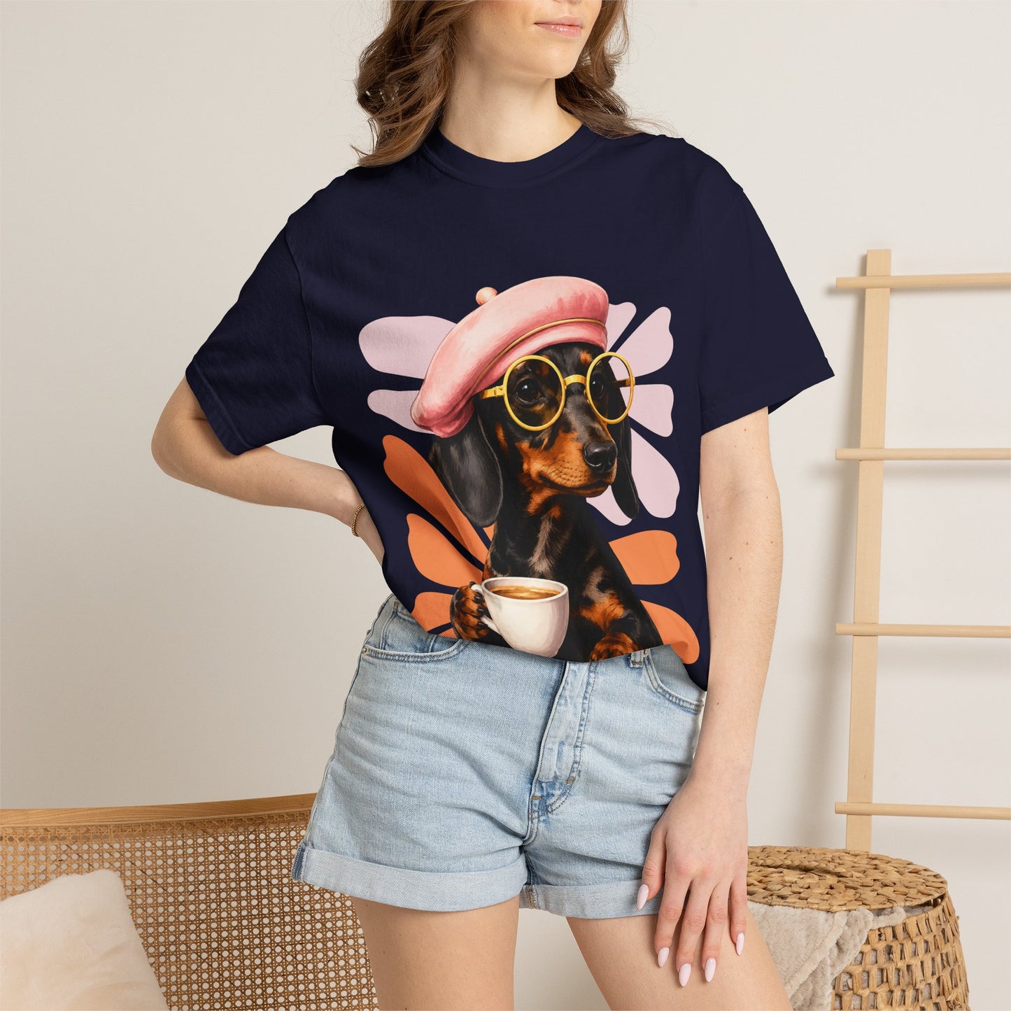 Retro Gravhund Kaffetee – Sød Hunde Grafik T-shirt