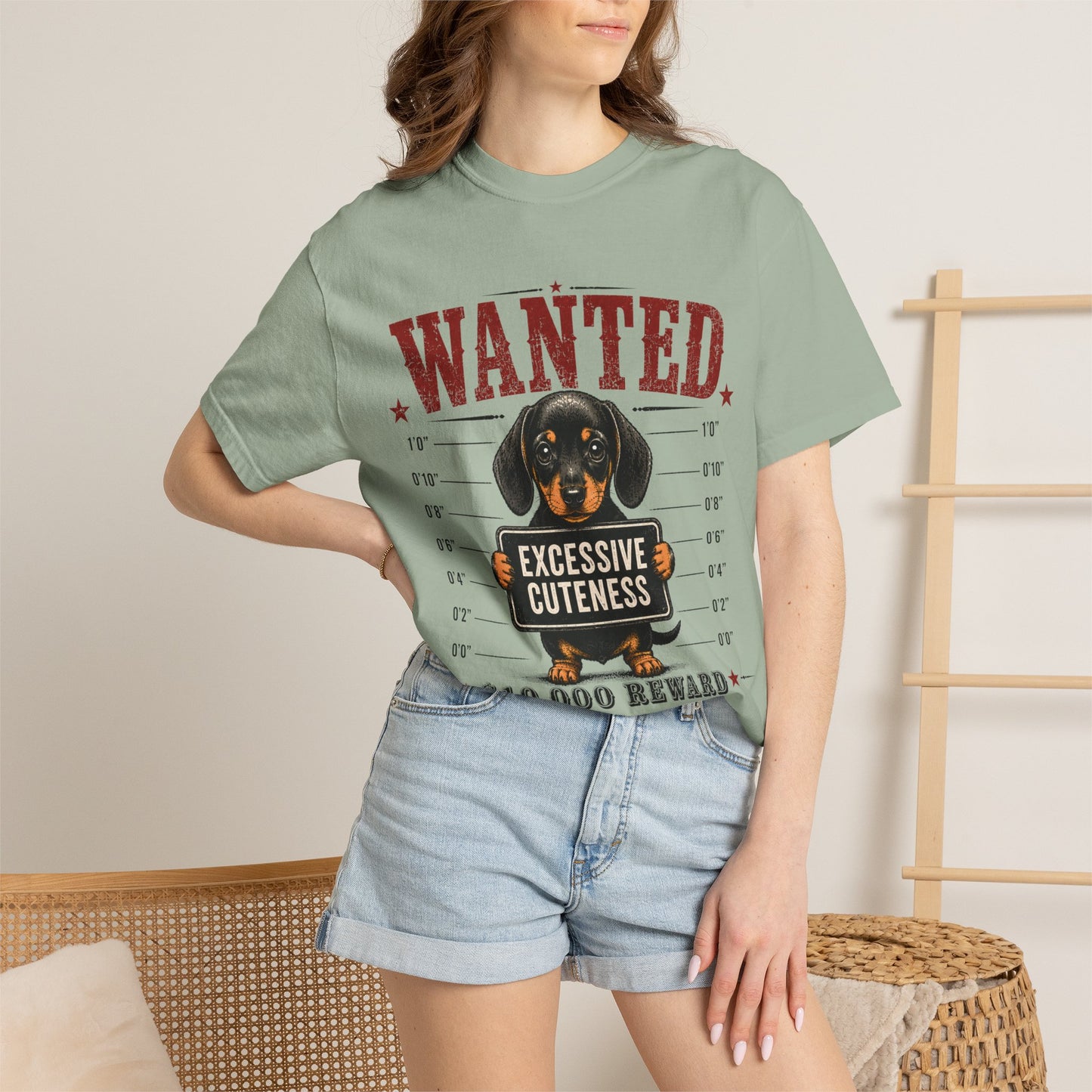 Wanted: 'Excessive Cuteness' Dachshund T-Shirt — Funny Mugshot Dog Tee, 10,000 Reward
