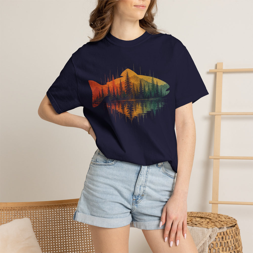 Vintage Fish Silhouette Mountain Forest Landscape T-Shirt
